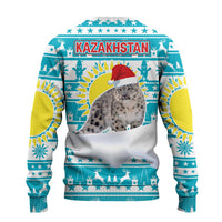 Kazakhstan Christmas Ugly Christmas Sweater with Snow Leopard in Santa Hat Blue and Yellow Reindeer Snowflake - Wonder Print Shop