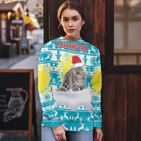 Kazakhstan Christmas Ugly Christmas Sweater with Snow Leopard in Santa Hat Blue and Yellow Reindeer Snowflake - Wonder Print Shop