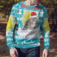 Kazakhstan Christmas Ugly Christmas Sweater with Snow Leopard in Santa Hat Blue and Yellow Reindeer Snowflake - Wonder Print Shop