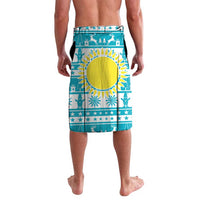 Kazakhstan Christmas Lavalava with Snow Leopard in Santa Hat Blue and Yellow Reindeer Snowflake - Wonder Print Shop