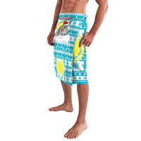 Kazakhstan Christmas Lavalava with Snow Leopard in Santa Hat Blue and Yellow Reindeer Snowflake - Wonder Print Shop