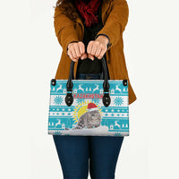 Kazakhstan Christmas Leather Bag with Snow Leopard in Santa Hat Blue and Yellow Reindeer Snowflake - Wonder Print Shop