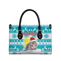Kazakhstan Christmas Leather Bag with Snow Leopard in Santa Hat Blue and Yellow Reindeer Snowflake - Wonder Print Shop