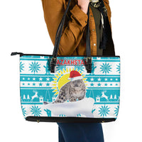 Kazakhstan Christmas Leather Tote Bag with Snow Leopard in Santa Hat Blue and Yellow Reindeer Snowflake - Wonder Print Shop