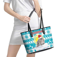 Kazakhstan Christmas Leather Tote Bag with Snow Leopard in Santa Hat Blue and Yellow Reindeer Snowflake - Wonder Print Shop