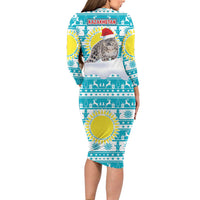 Kazakhstan Christmas Long Sleeve Bodycon Dress with Snow Leopard in Santa Hat Blue and Yellow Reindeer Snowflake - Wonder Print Shop