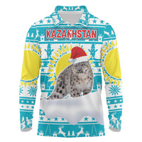 Kazakhstan Christmas Long Sleeve Polo Shirt with Snow Leopard in Santa Hat Blue and Yellow Reindeer Snowflake - Wonder Print Shop