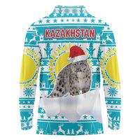 Kazakhstan Christmas Long Sleeve Polo Shirt with Snow Leopard in Santa Hat Blue and Yellow Reindeer Snowflake - Wonder Print Shop