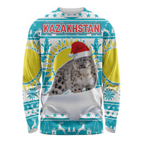 Kazakhstan Christmas Long Sleeve Shirt with Snow Leopard in Santa Hat Blue and Yellow Reindeer Snowflake - Wonder Print Shop