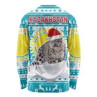 Kazakhstan Christmas Long Sleeve Shirt with Snow Leopard in Santa Hat Blue and Yellow Reindeer Snowflake - Wonder Print Shop