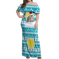 Kazakhstan Christmas Off Shoulder Maxi Dress with Snow Leopard in Santa Hat Blue and Yellow Reindeer Snowflake - Wonder Print Shop