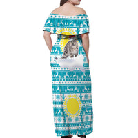 Kazakhstan Christmas Off Shoulder Maxi Dress with Snow Leopard in Santa Hat Blue and Yellow Reindeer Snowflake - Wonder Print Shop