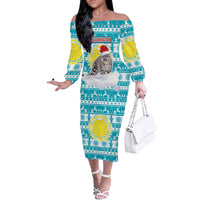 Kazakhstan Christmas Off The Shoulder Long Sleeve Dress with Snow Leopard in Santa Hat Blue and Yellow Reindeer Snowflake - Wonder Print Shop