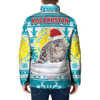 Kazakhstan Christmas Padded Jacket with Snow Leopard in Santa Hat Blue and Yellow Reindeer Snowflake - Wonder Print Shop