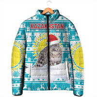 Kazakhstan Christmas Padded Jacket with Snow Leopard in Santa Hat Blue and Yellow Reindeer Snowflake - Wonder Print Shop