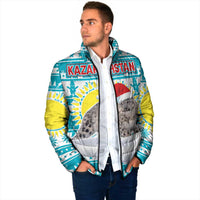 Kazakhstan Christmas Padded Jacket with Snow Leopard in Santa Hat Blue and Yellow Reindeer Snowflake - Wonder Print Shop