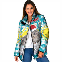Kazakhstan Christmas Padded Jacket with Snow Leopard in Santa Hat Blue and Yellow Reindeer Snowflake - Wonder Print Shop