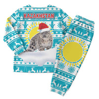 Kazakhstan Christmas Pajama Set with Snow Leopard in Santa Hat Blue and Yellow Reindeer Snowflake - Wonder Print Shop