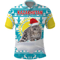 Kazakhstan Christmas Polo Shirt with Snow Leopard in Santa Hat Blue and Yellow Reindeer Snowflake - Wonder Print Shop