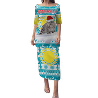 Kazakhstan Christmas Puletasi with Snow Leopard in Santa Hat Blue and Yellow Reindeer Snowflake - Wonder Print Shop