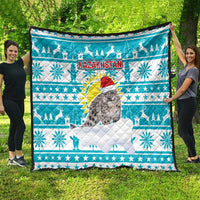 Kazakhstan Christmas Quilt with Snow Leopard in Santa Hat Blue and Yellow Reindeer Snowflake - Wonder Print Shop