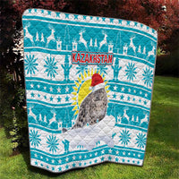 Kazakhstan Christmas Quilt with Snow Leopard in Santa Hat Blue and Yellow Reindeer Snowflake - Wonder Print Shop