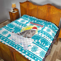 Kazakhstan Christmas Quilt with Snow Leopard in Santa Hat Blue and Yellow Reindeer Snowflake - Wonder Print Shop