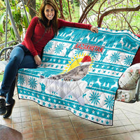 Kazakhstan Christmas Quilt with Snow Leopard in Santa Hat Blue and Yellow Reindeer Snowflake - Wonder Print Shop