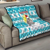 Kazakhstan Christmas Quilt with Snow Leopard in Santa Hat Blue and Yellow Reindeer Snowflake - Wonder Print Shop