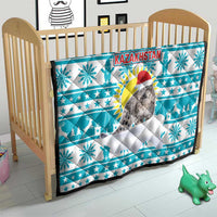 Kazakhstan Christmas Quilt with Snow Leopard in Santa Hat Blue and Yellow Reindeer Snowflake - Wonder Print Shop