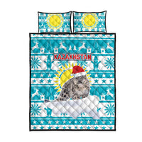 Kazakhstan Christmas Quilt Bed Set with Snow Leopard in Santa Hat Blue and Yellow Reindeer Snowflake - Wonder Print Shop