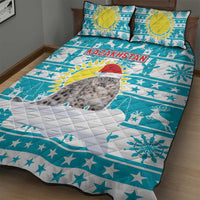 Kazakhstan Christmas Quilt Bed Set with Snow Leopard in Santa Hat Blue and Yellow Reindeer Snowflake - Wonder Print Shop