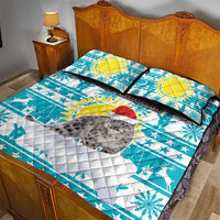 Kazakhstan Christmas Quilt Bed Set with Snow Leopard in Santa Hat Blue and Yellow Reindeer Snowflake - Wonder Print Shop