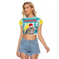 Kazakhstan Christmas Raglan Cropped T Shirt with Snow Leopard in Santa Hat Blue and Yellow Reindeer Snowflake - Wonder Print Shop