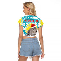 Kazakhstan Christmas Raglan Cropped T Shirt with Snow Leopard in Santa Hat Blue and Yellow Reindeer Snowflake - Wonder Print Shop