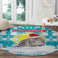 Kazakhstan Christmas Round Carpet with Snow Leopard in Santa Hat Blue and Yellow Reindeer Snowflake - Wonder Print Shop