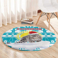 Kazakhstan Christmas Round Carpet with Snow Leopard in Santa Hat Blue and Yellow Reindeer Snowflake - Wonder Print Shop