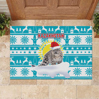 Kazakhstan Christmas Rubber Doormat with Snow Leopard in Santa Hat Blue and Yellow Reindeer Snowflake - Wonder Print Shop