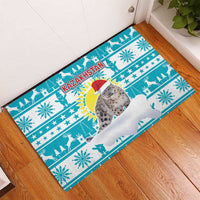 Kazakhstan Christmas Rubber Doormat with Snow Leopard in Santa Hat Blue and Yellow Reindeer Snowflake - Wonder Print Shop
