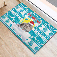 Kazakhstan Christmas Rubber Doormat with Snow Leopard in Santa Hat Blue and Yellow Reindeer Snowflake - Wonder Print Shop