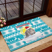 Kazakhstan Christmas Rubber Doormat with Snow Leopard in Santa Hat Blue and Yellow Reindeer Snowflake - Wonder Print Shop