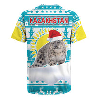 Kazakhstan Christmas Rugby Jersey with Snow Leopard in Santa Hat Blue and Yellow Reindeer Snowflake - Wonder Print Shop
