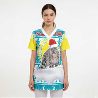 Kazakhstan Christmas Scrub Top with Snow Leopard in Santa Hat Blue and Yellow Reindeer Snowflake - Wonder Print Shop