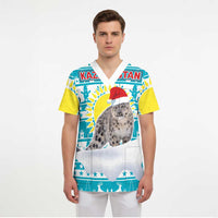 Kazakhstan Christmas Scrub Top with Snow Leopard in Santa Hat Blue and Yellow Reindeer Snowflake - Wonder Print Shop