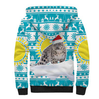 Kazakhstan Christmas Sherpa Hoodie with Snow Leopard in Santa Hat Blue and Yellow Reindeer Snowflake - Wonder Print Shop