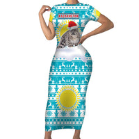 Kazakhstan Christmas Short Sleeve Bodycon Dress with Snow Leopard in Santa Hat Blue and Yellow Reindeer Snowflake - Wonder Print Shop