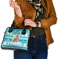 Kazakhstan Christmas Shoulder Handbag with Snow Leopard in Santa Hat Blue and Yellow Reindeer Snowflake - Wonder Print Shop