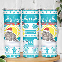 Kazakhstan Christmas Skinny Tumbler with Snow Leopard in Santa Hat Blue and Yellow Reindeer Snowflake - Wonder Print Shop