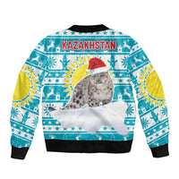 Kazakhstan Christmas Sleeve Zip Bomber Jacket with Snow Leopard in Santa Hat Blue and Yellow Reindeer Snowflake - Wonder Print Shop