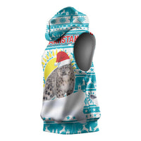 Kazakhstan Christmas Sleeveless Hoodie with Snow Leopard in Santa Hat Blue and Yellow Reindeer Snowflake - Wonder Print Shop